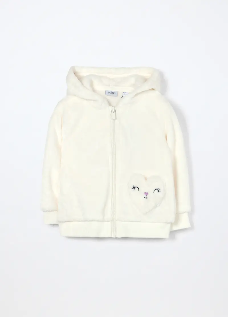 Felpa Velour Con Cappuccio Neonata, Bambina, Bianco panna