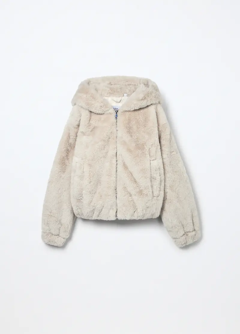 Giacca In Eco Fur Con Cappuccio Ragazza, Bambina, Bianco sporco