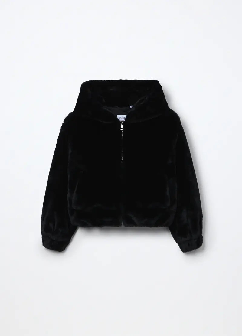 Giacca In Eco Fur Con Cappuccio Ragazza, Bambina, Nero
