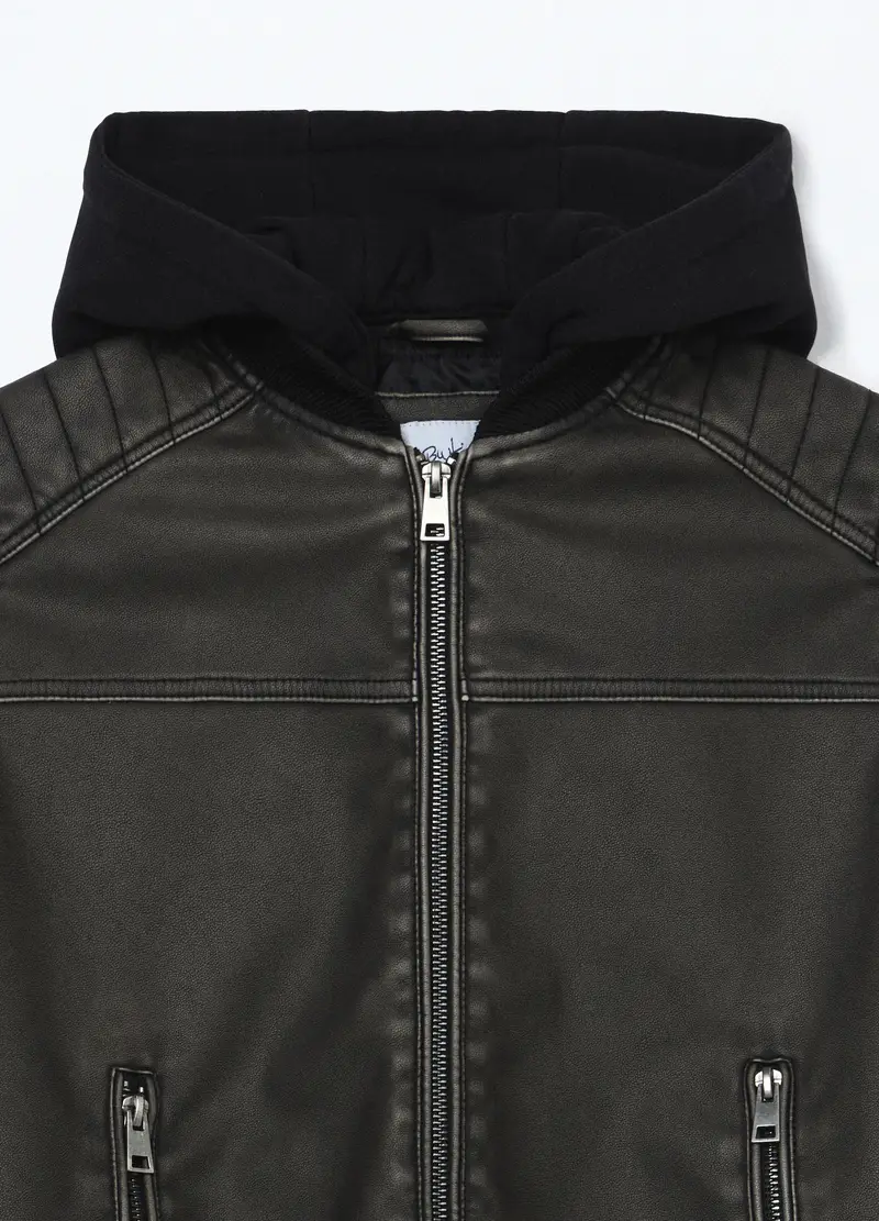 Giacca In Eco Pelle Con Cappuccio Ragazzo, Bambino, Marrone scuro miniatura 3