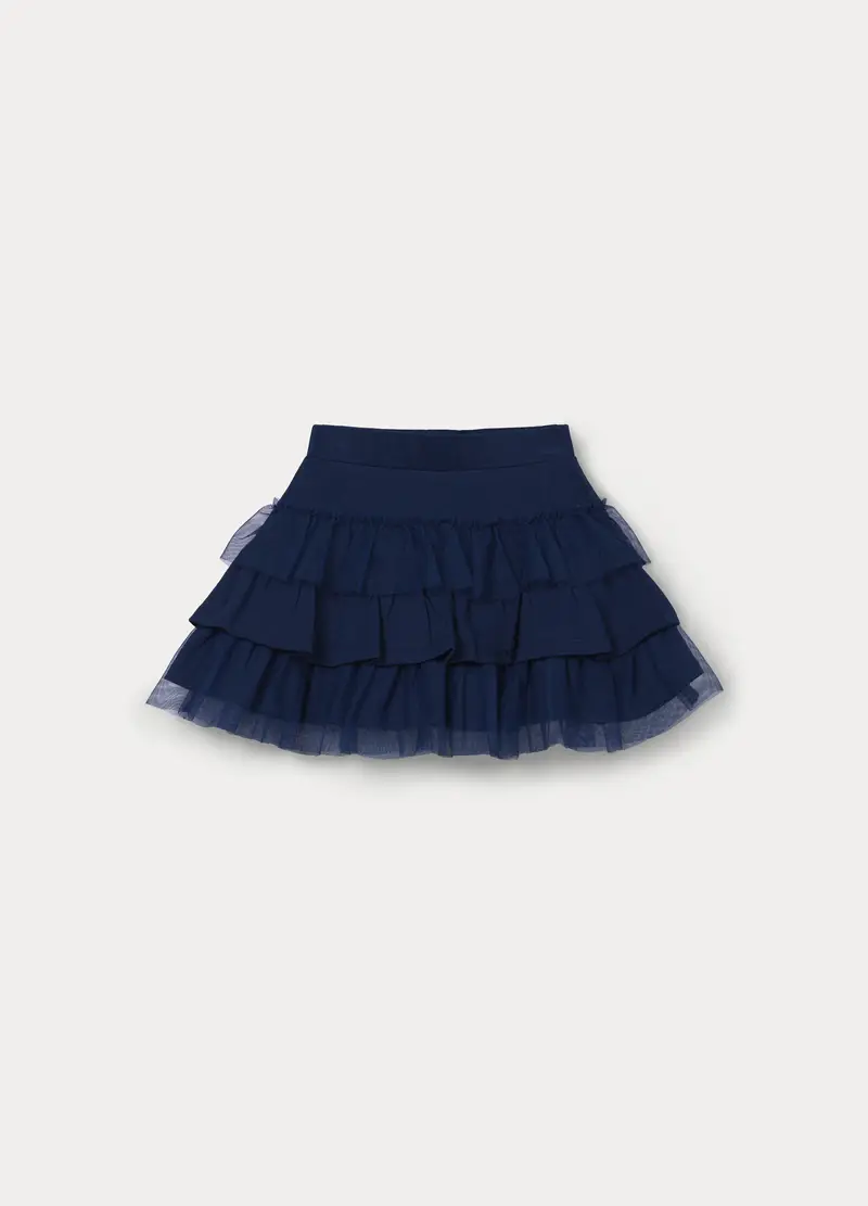 Gonna Corta In Jersey Di Puro Cotone Con Tulle Bambina, Blu scuro