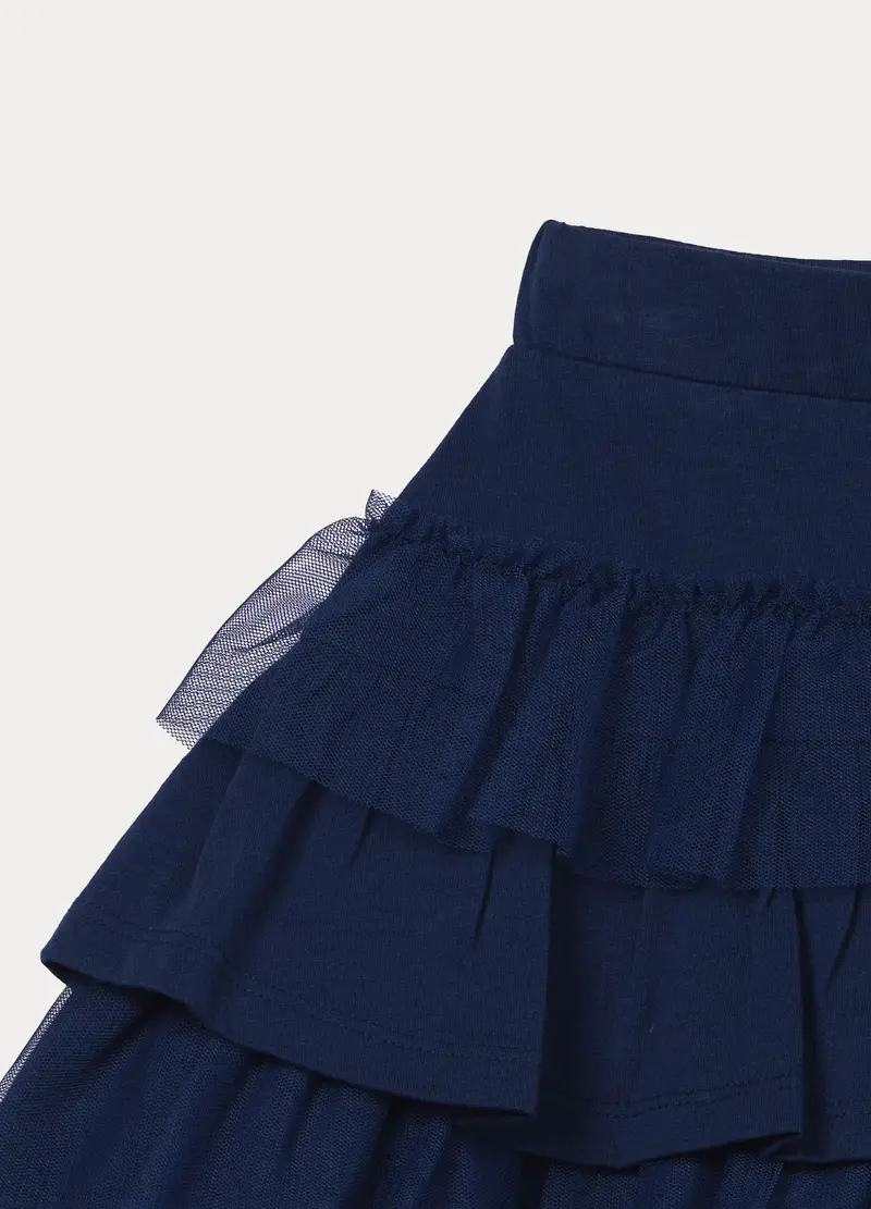 Gonna Corta In Jersey Di Puro Cotone Con Tulle Bambina, Blu scuro miniatura 3