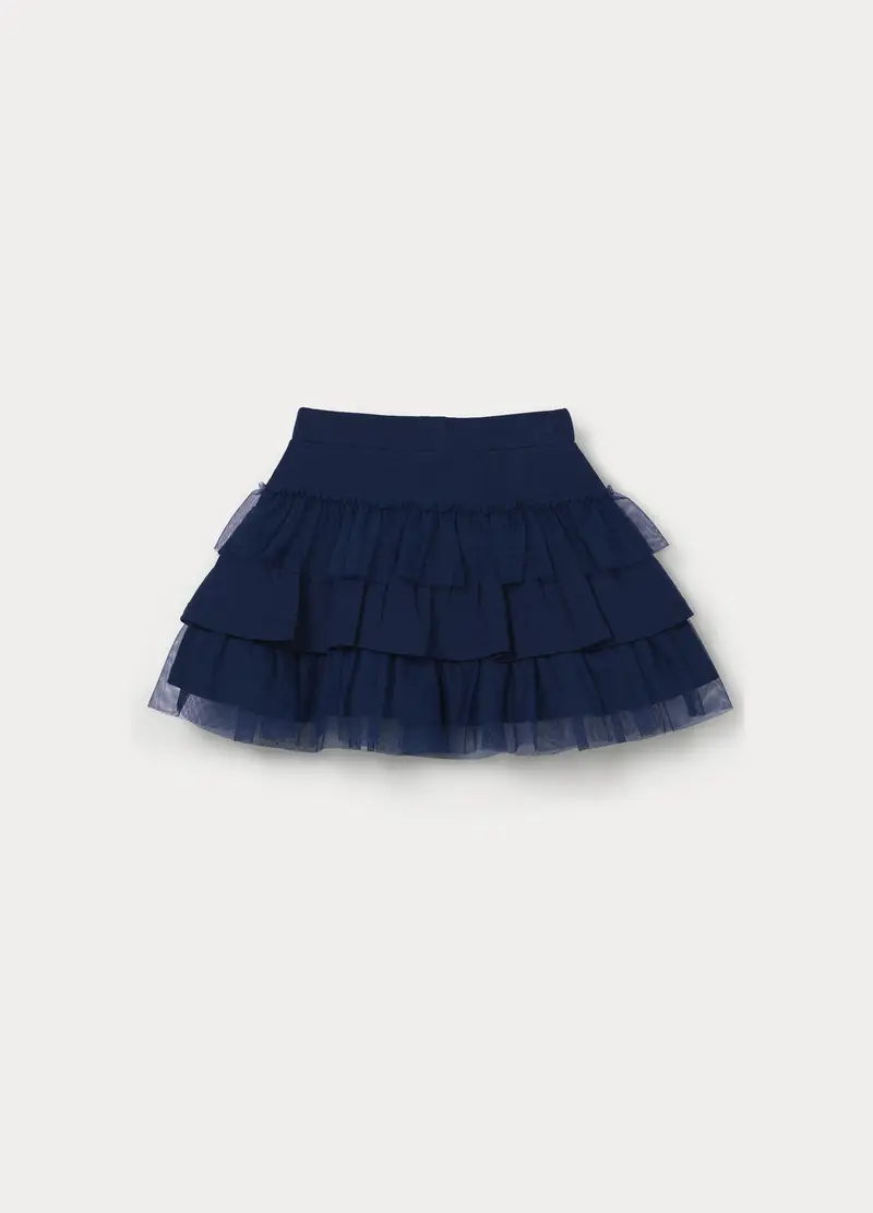 Gonna Corta In Jersey Di Puro Cotone Con Tulle Bambina, Blu scuro miniatura 2