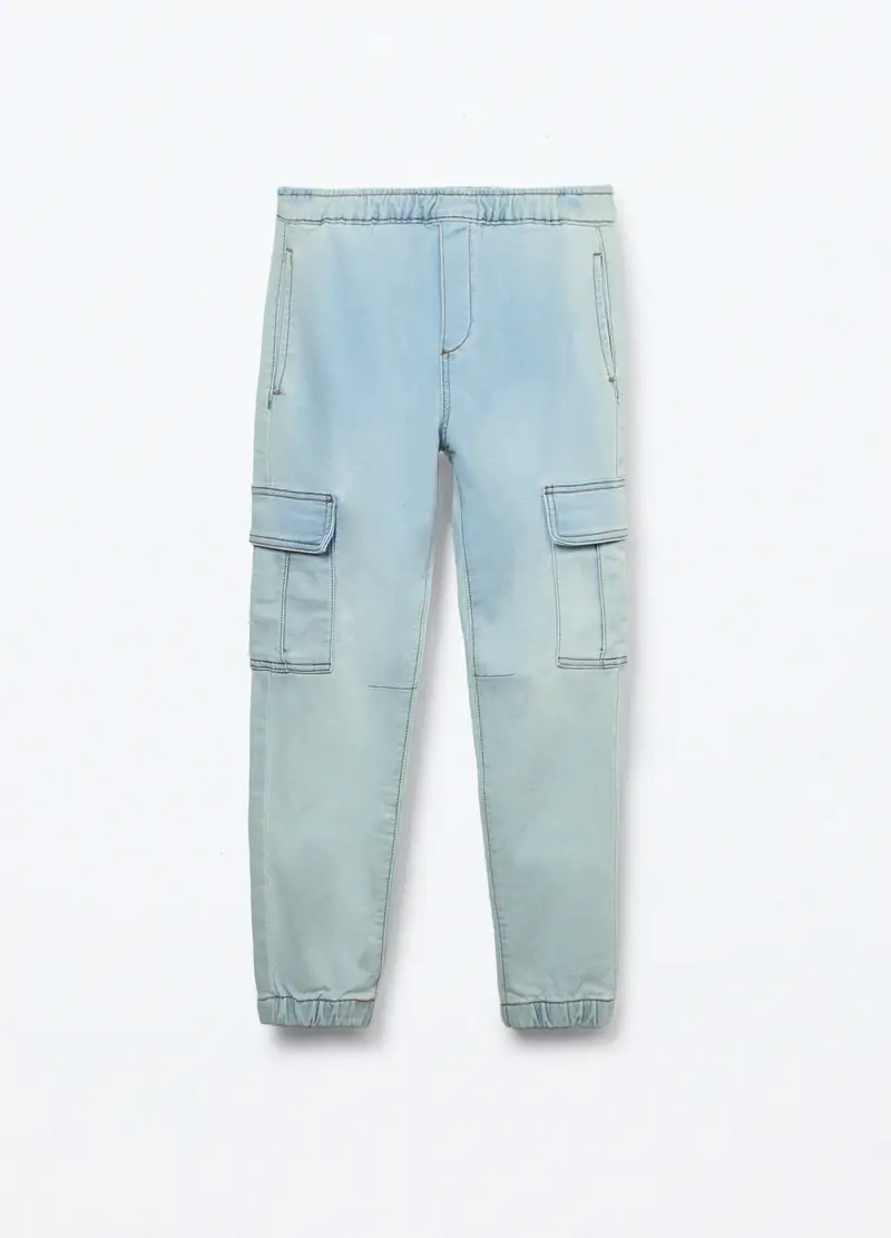 Blukids, Jogger Cargo In Denim Misto Cotone Ragazzo, Bambino, Azzurro chiaro, Taglia: 10-11