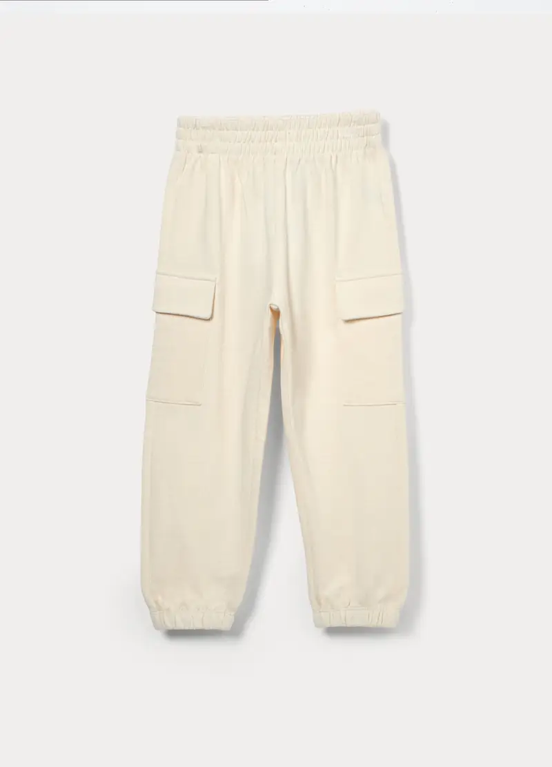 Jogger Cargo In French Terry Di Puro Cotone Bambina, Bianco panna