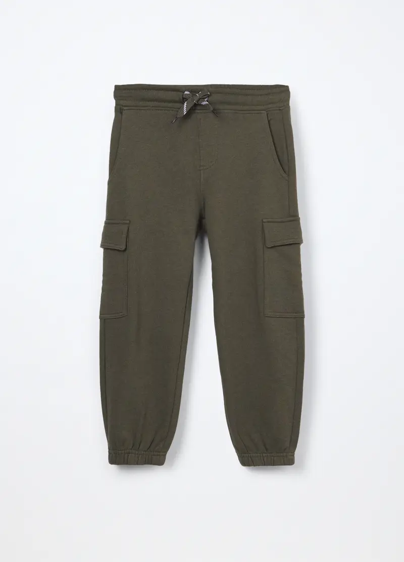 Jogger Cargo In French Terry Di Puro Cotone Bambino, Verde oliva