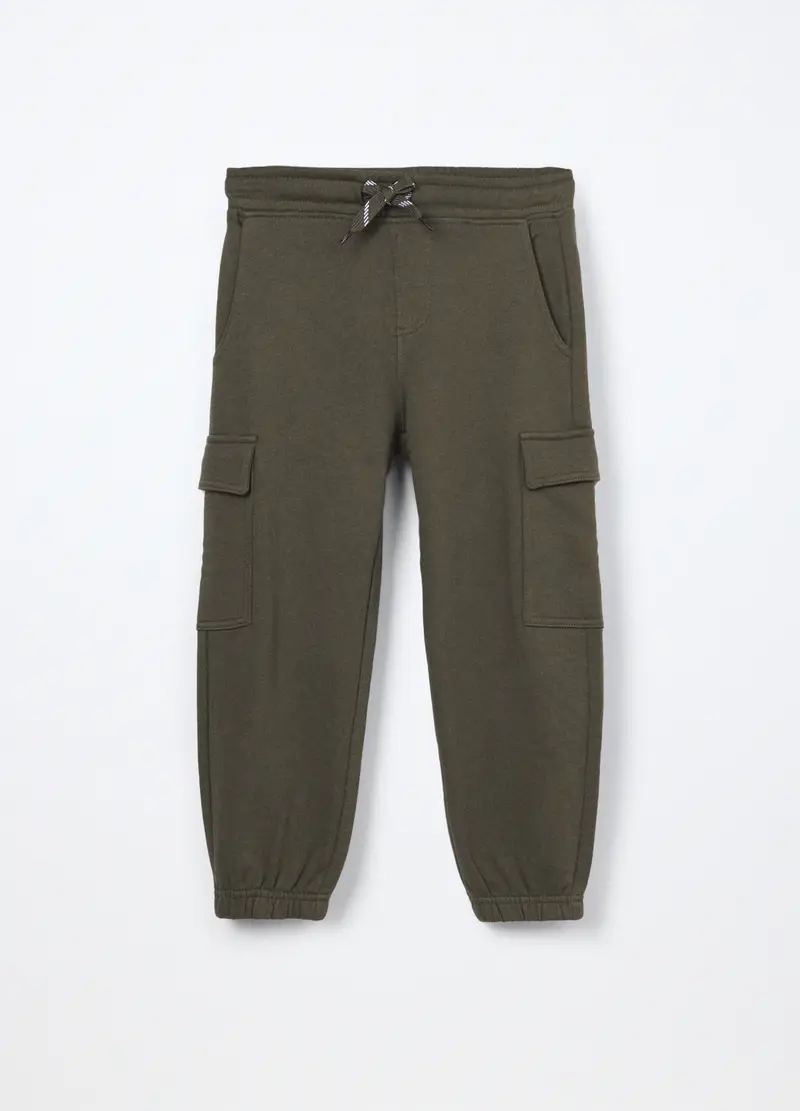 Jogger Cargo In French Terry Di Puro Cotone Bambino, Verde oliva