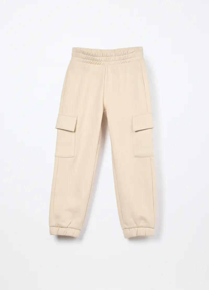 Jogger Cargo In Misto Cotone Fleece Bambina, Bianco avorio