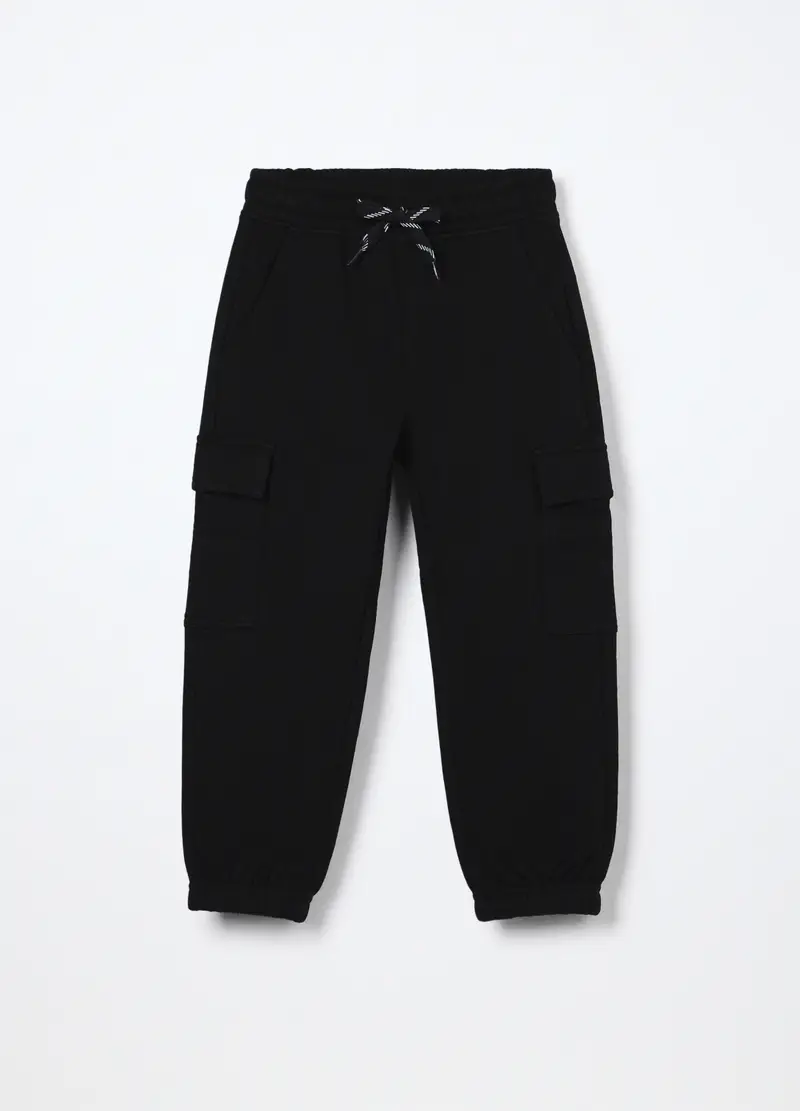 Jogger Cargo In Puro Cotone Fleece Bambino, Nero