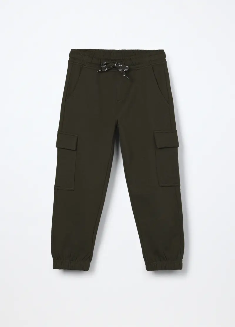 Jogger Cargo In Puro Cotone Fleece Bambino, Verde scuro