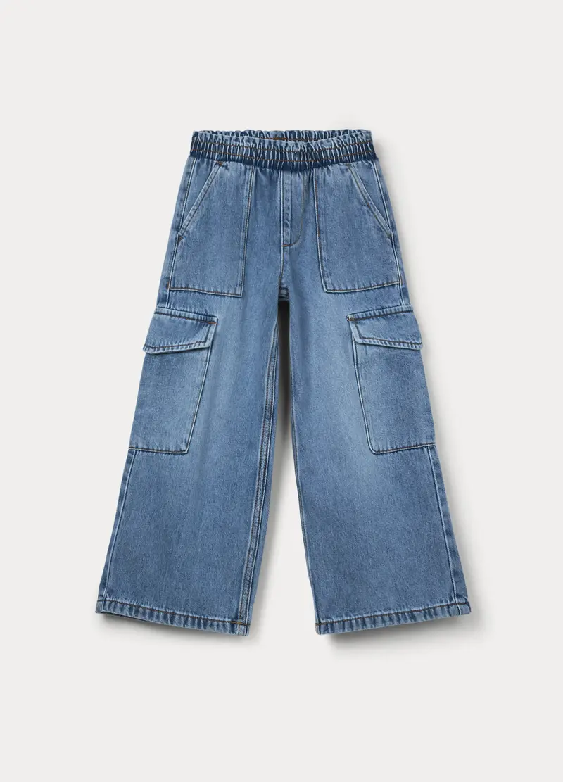 Jogger Cargo Wide Leg In Denim Bambina, Azzurro chiaro