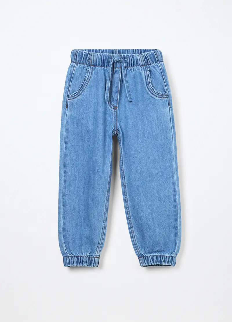 Jogger In Denim Misto Cotone Bambina, Azzurro