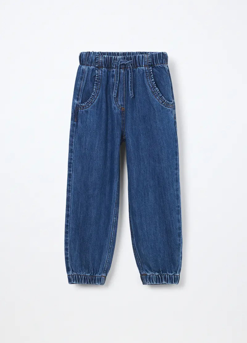 Jogger In Denim Misto Cotone Bambina, Blu denim