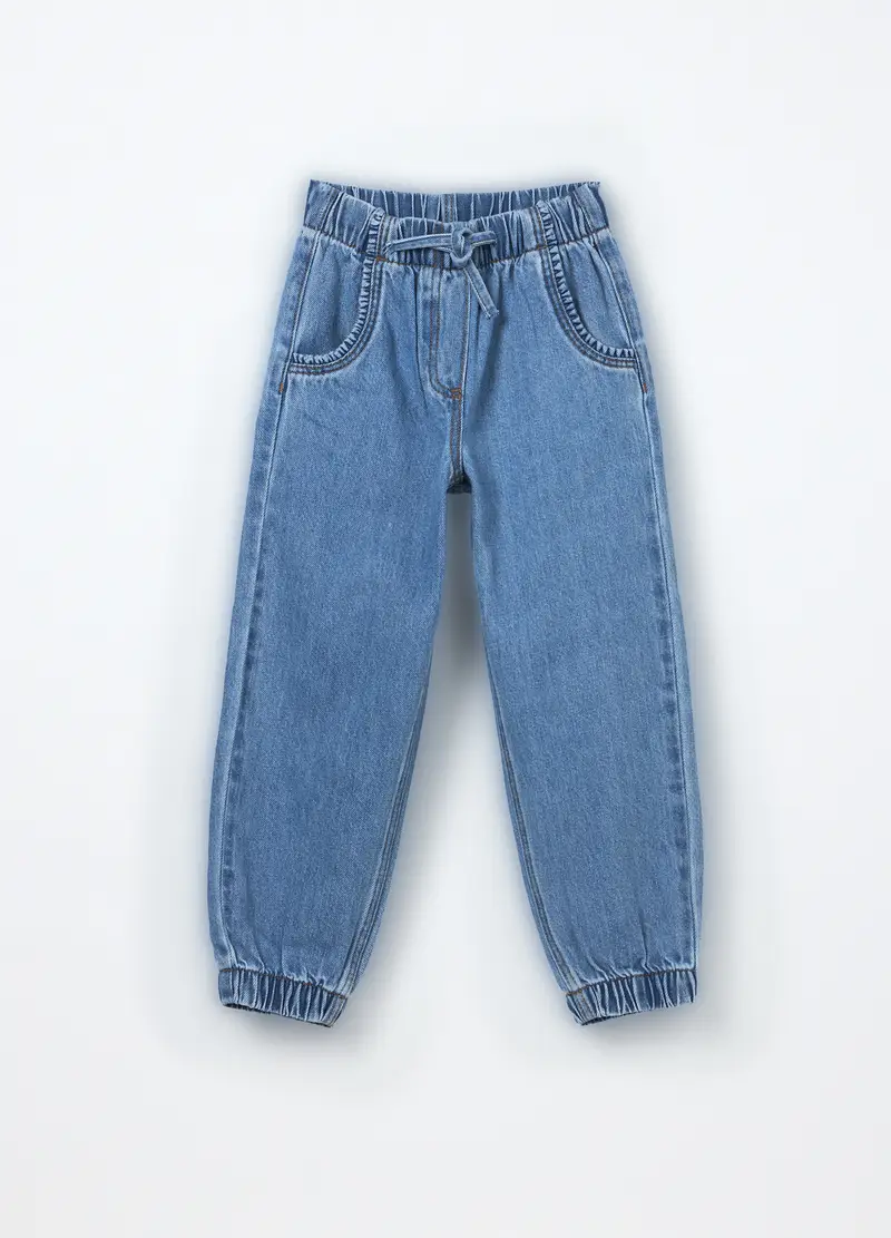 Jogger In Denim Misto Cotone Bambina, Blu denim