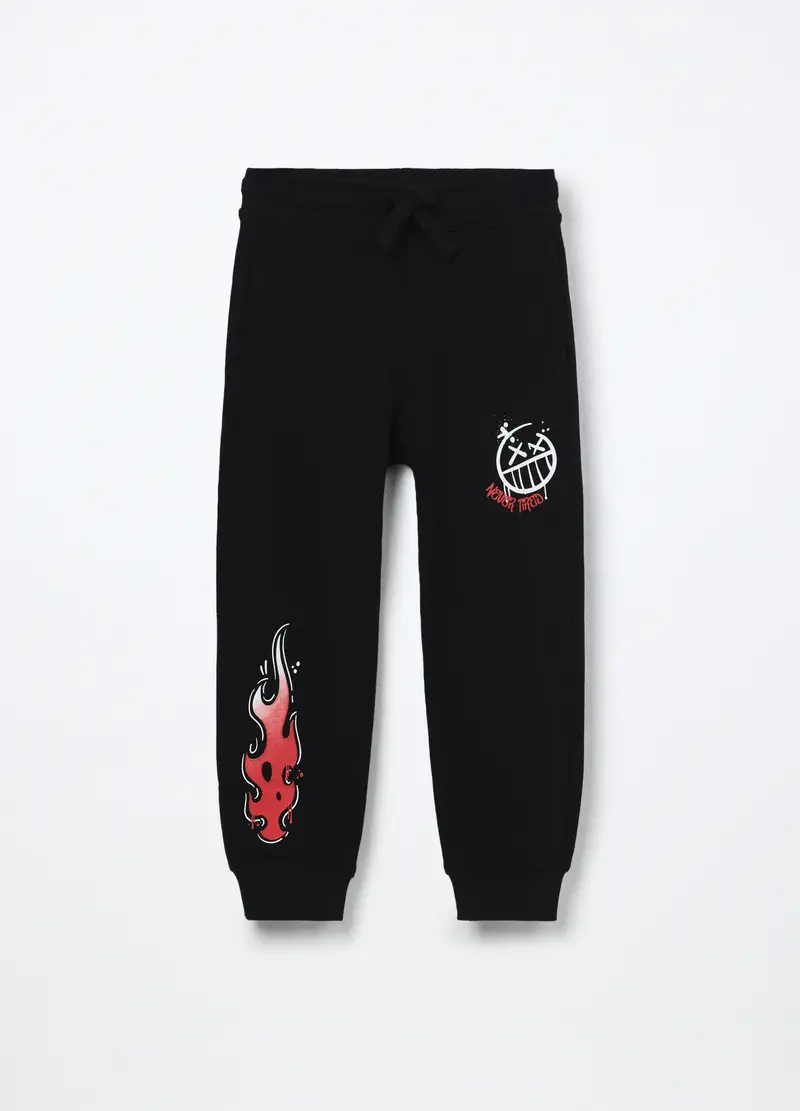 Blukids, Jogger In French Terry Di Puro Cotone Bambino, Nero stampa 1, Taglia: 3-4