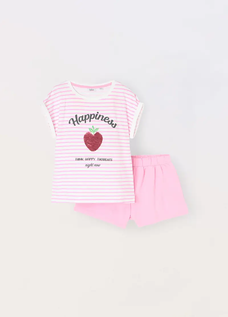 Blukids, Jogging Set Corto In Cotone Stretch Con Paillettes Bambina, Bianco/Rosa, Taglia: 3-4