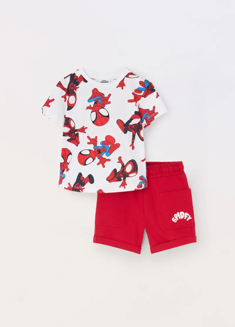 Jogging Set Corto In Jersey Di Puro Cotone Neonato, Bambino, Bianco/Rosso