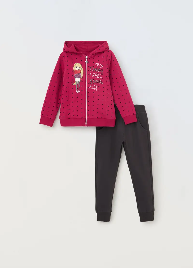 Jogging Set In Felpa Di Cotone Stretch Bambina, Rosso fragola