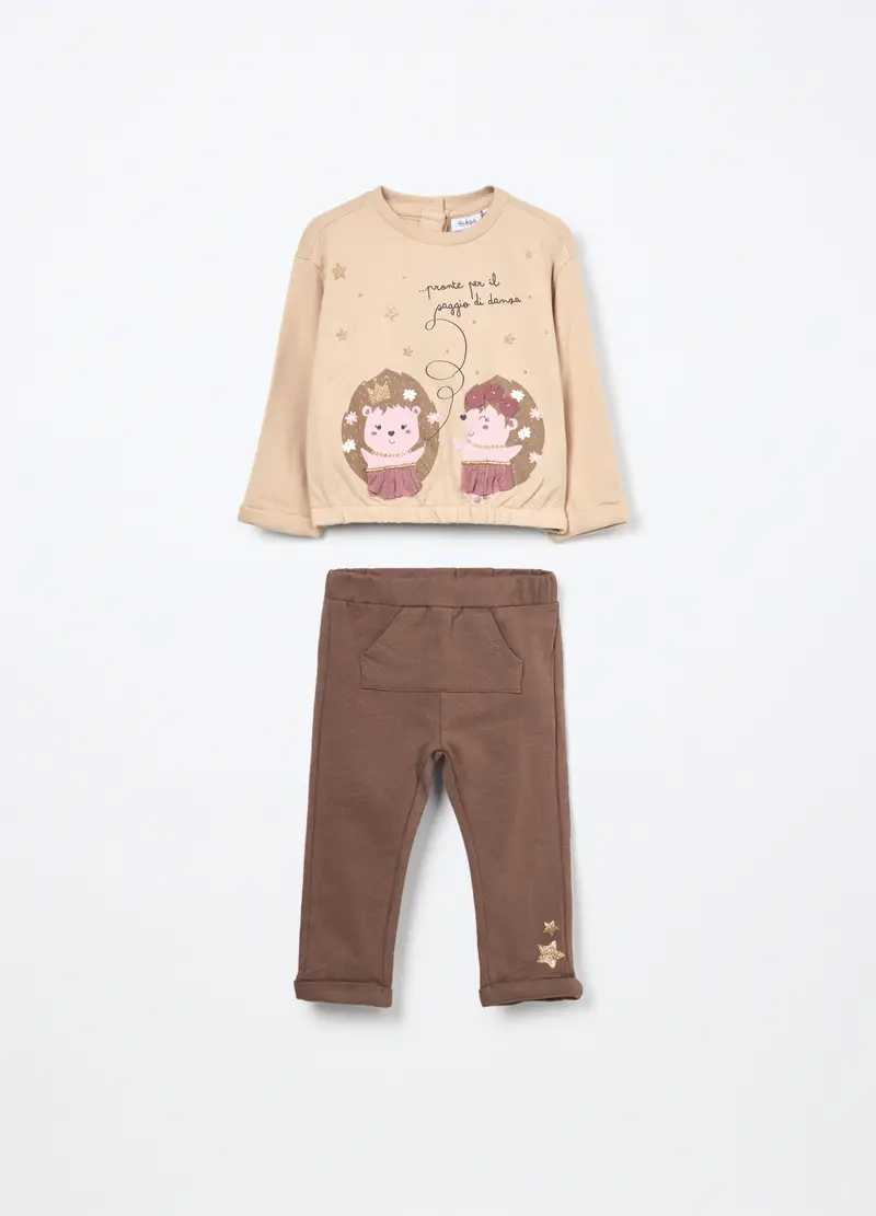 Jogging Set In Felpa Di Cotone Stretch Neonata, Bambina, Marrone cioccolato