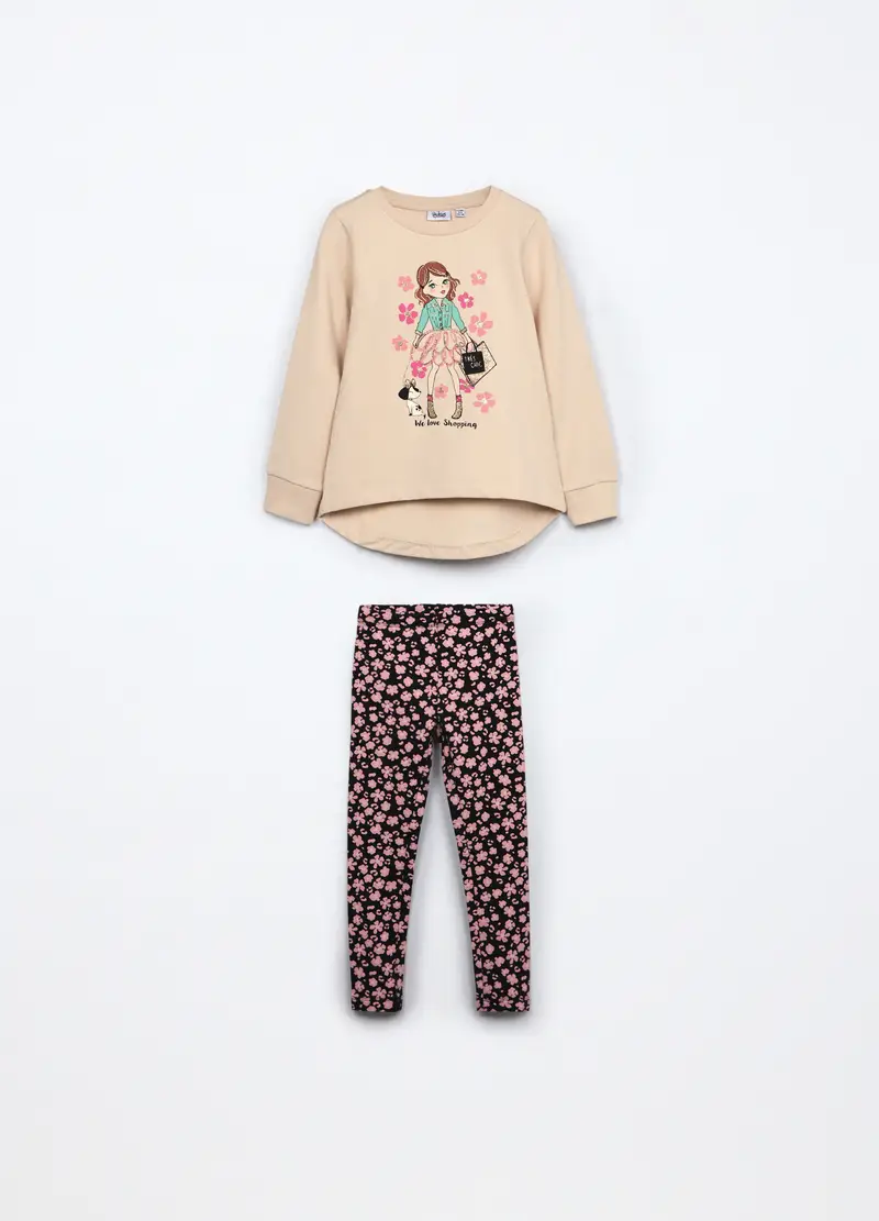 Jogging Set In French Terry Di Cotone Stretch Bambina, Beige chiaro