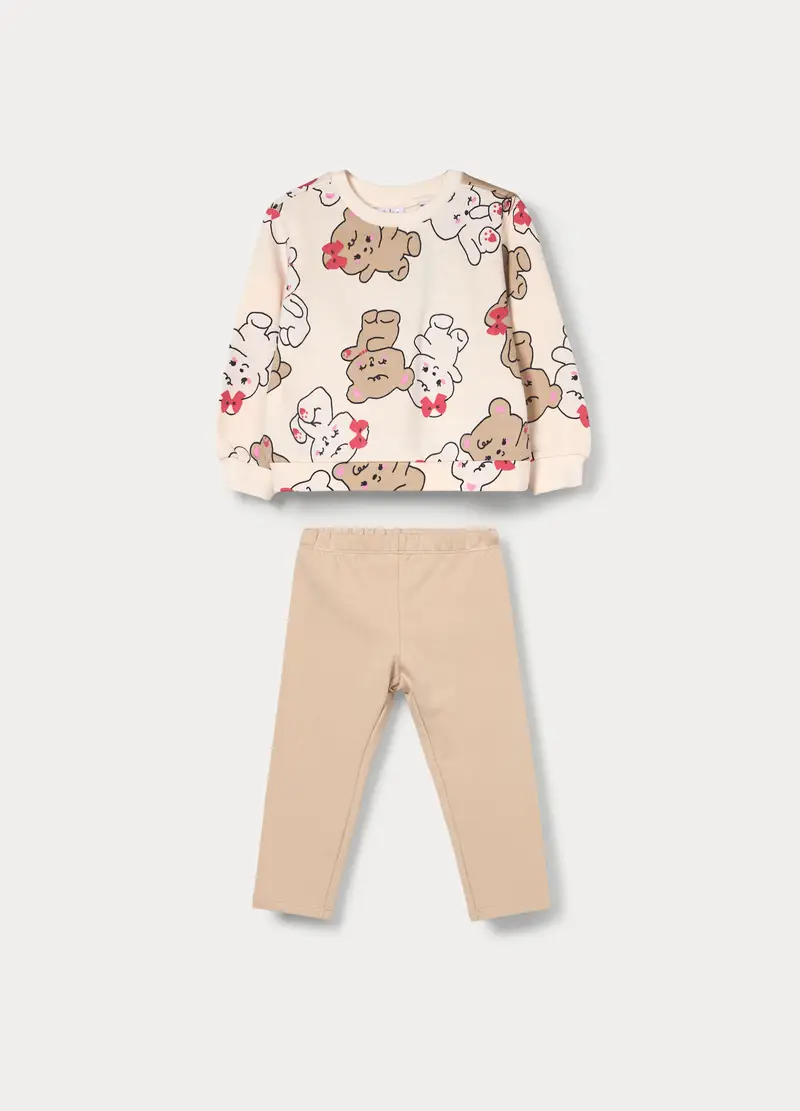 Jogging Set In French Terry Di Cotone Stretch Bimba, Bambina, Beige chiaro