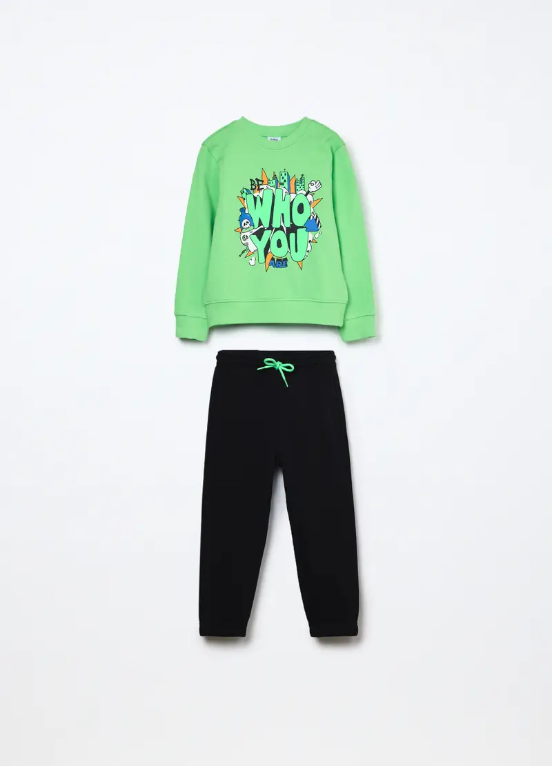 Blukids, Jogging Set In French Terry Di Puro Cotone Bambino, Nero/Verde, Taglia: 3-4