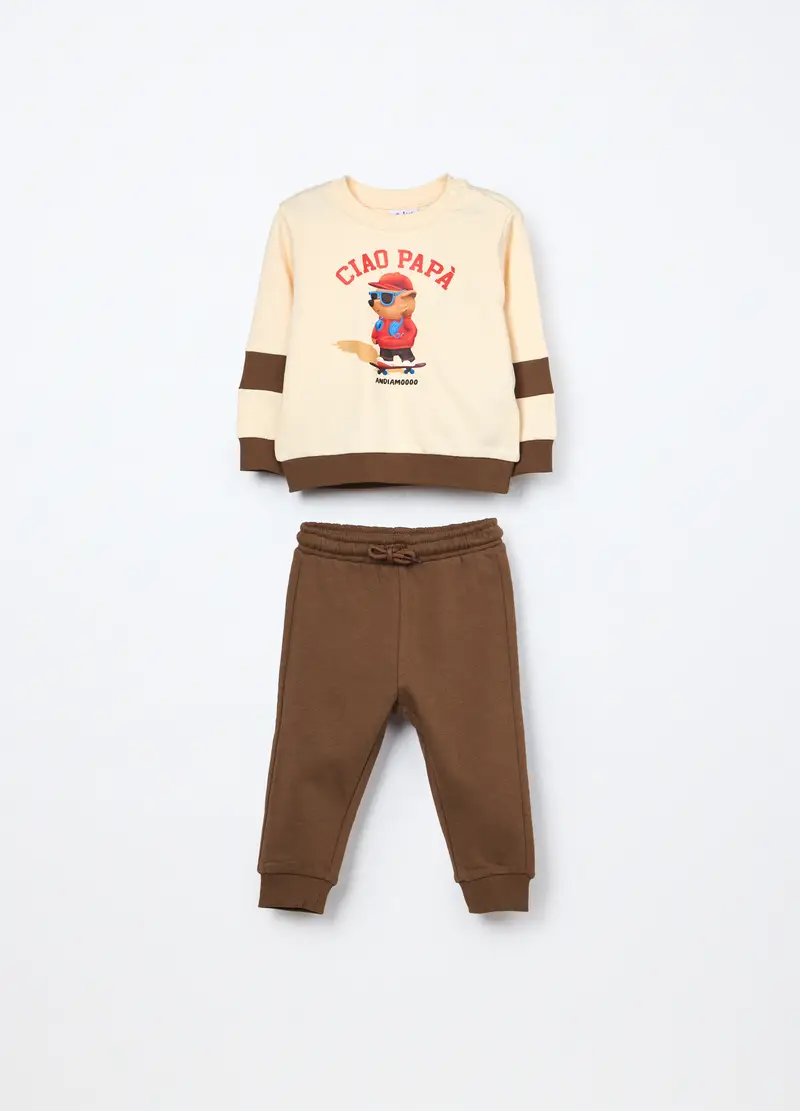 Jogging Set In French Terry Di Puro Cotone Neonato, Bambino, Bianco/Marrone