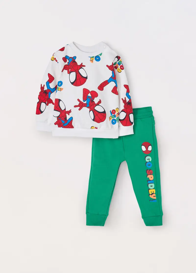 Jogging Set In French Terry Di Puro Cotone Neonato, Bambino, Bianco/Verde