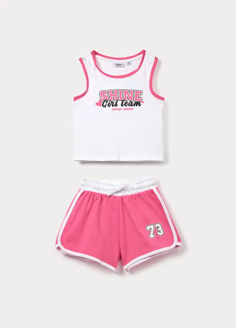 Jogging Set In Jersey Di Cotone Stretch Bambina, Bianco/Rosa