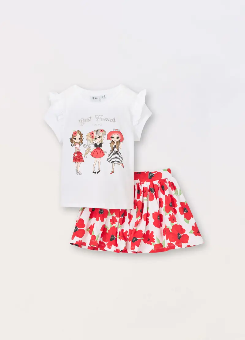Jogging Set In Jersey Di Cotone Stretch Bambina, Bianco/Rosso