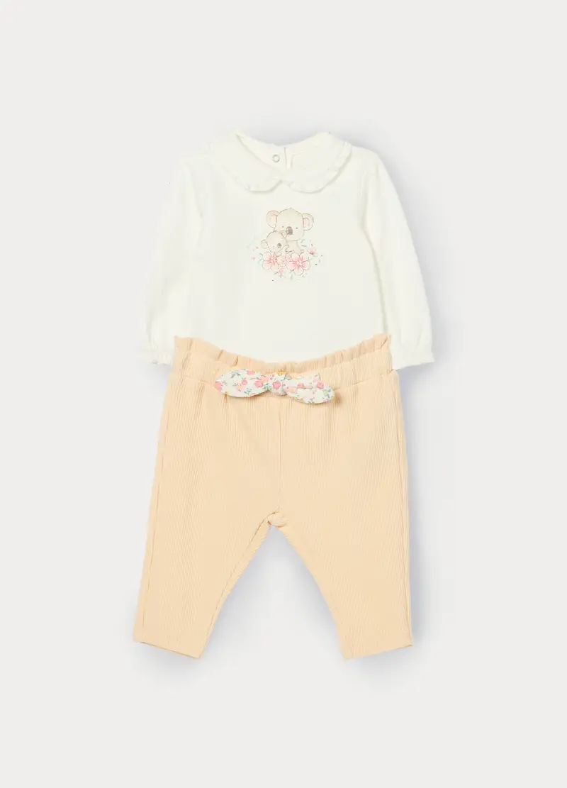 Jogging Set In Jersey Di Cotone Stretch Neonata, Bianco/Arancione