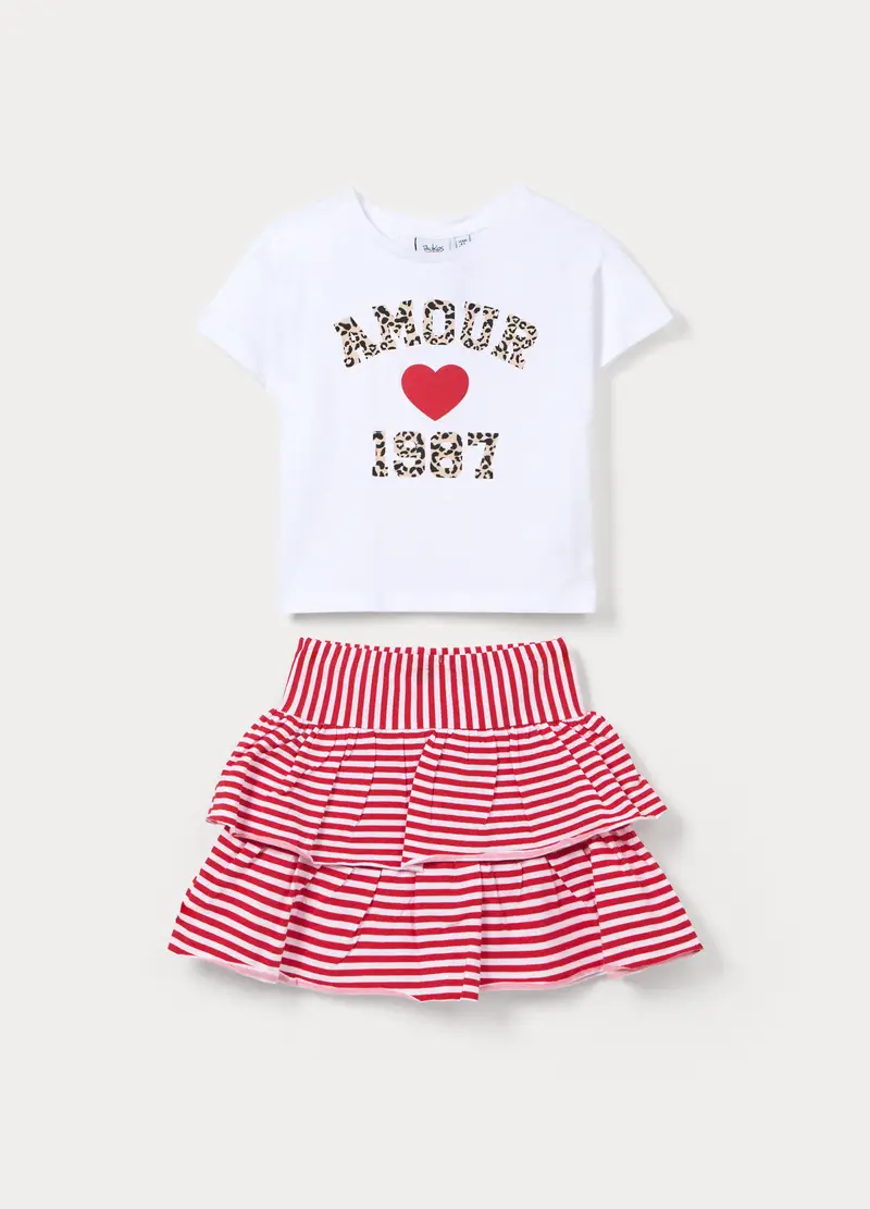 Jogging Set In Jersey Di Puro Cotone Bambina, Bianco/Rosso