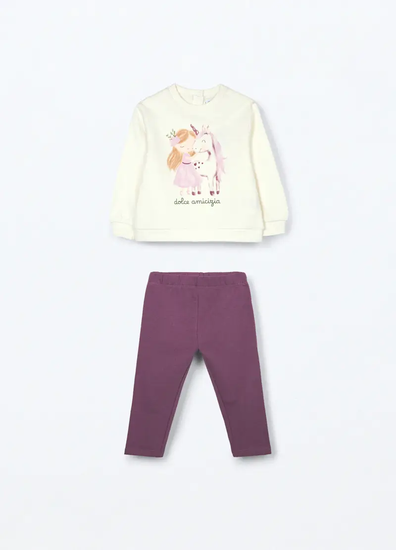 Jogging Set In Puro Cotone Fleece Neonata, Bambina, Bianco avorio