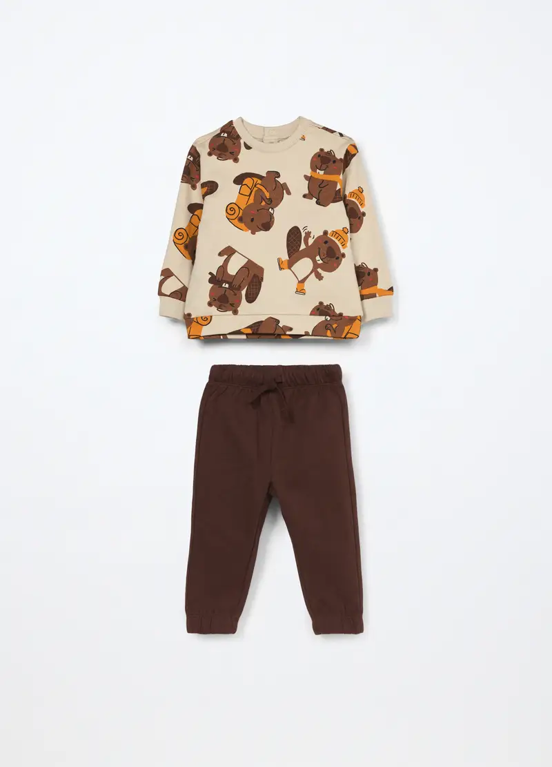 Jogging Set In Puro Cotone Fleece Neonato, Bambino, Beige chiaro