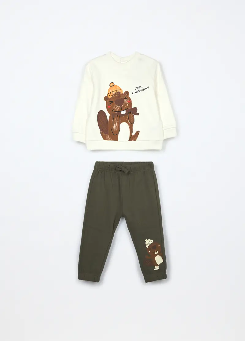 Jogging Set In Puro Cotone Fleece Neonato, Bambino, Verde militare