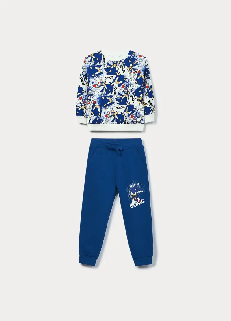 Jogging Set Sonic In French Terry Di Puro Cotone Bambino, Bianco/Blu