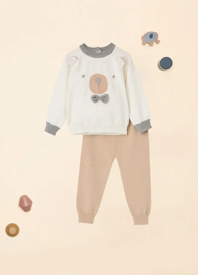 Jogging Set Tricot In Misto Viscosa Iana Neonato, Bianco/Beige