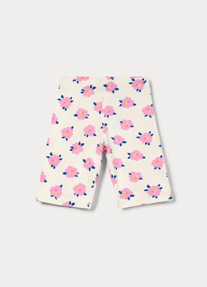 Leggings Corti In Jersey Di Cotone Stretch Bambina, Bianco panna