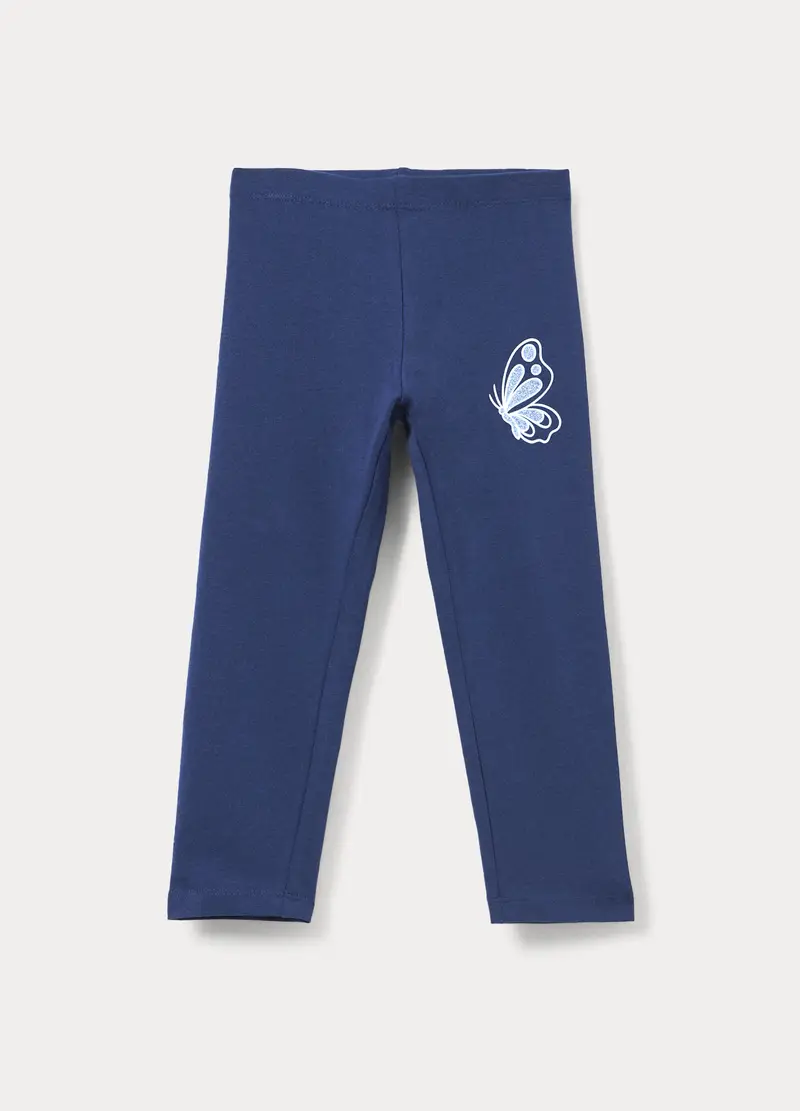 Leggings Slim Fit In Jersey Di Cotone Stretch Bambina, Blu scuro