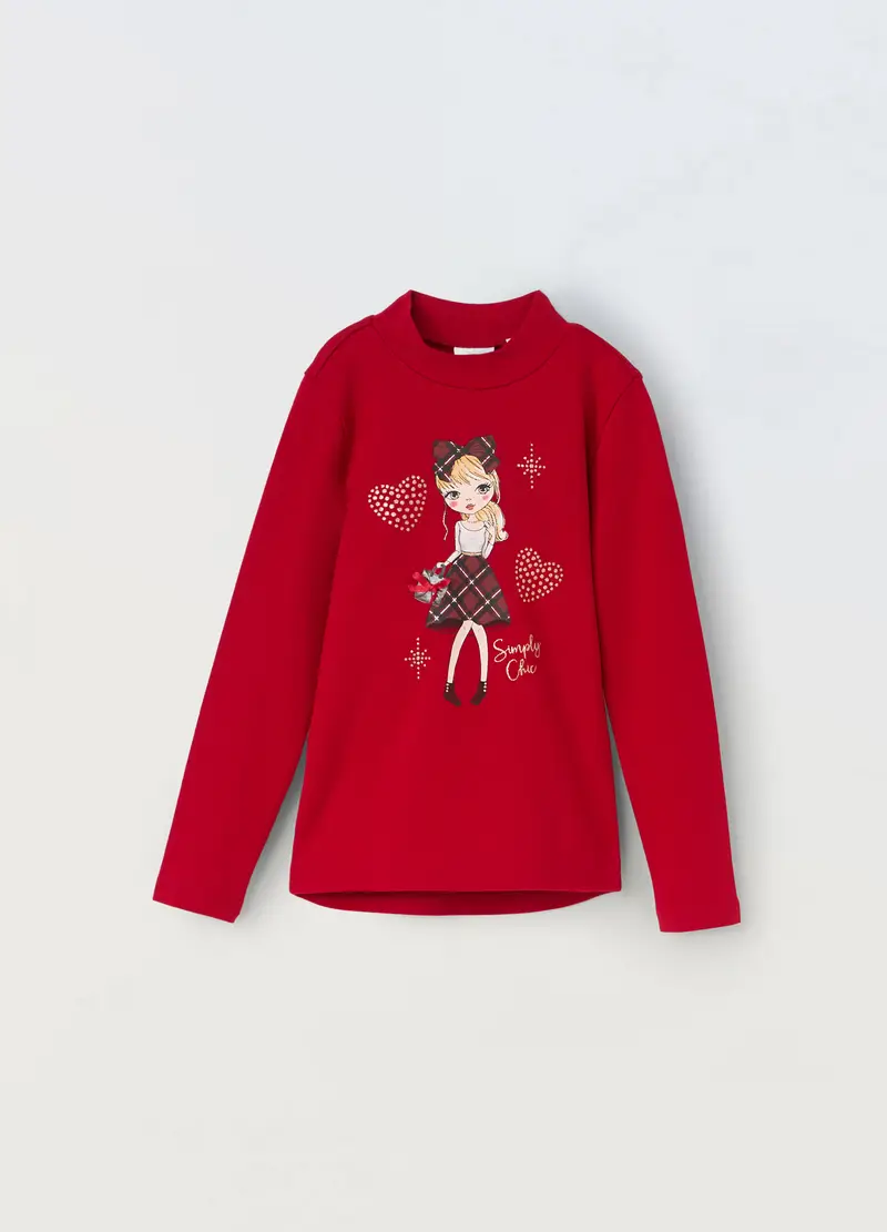 Lupetto In Interlock Di Cotone Con Stampa Glitter Bambina, Rosso