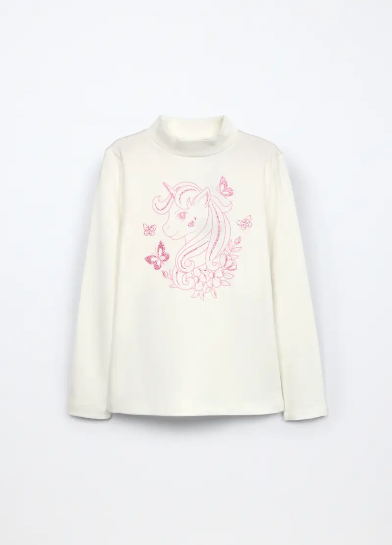 Lupetto In Interlock Di Puro Cotone Bambina, Bianco panna