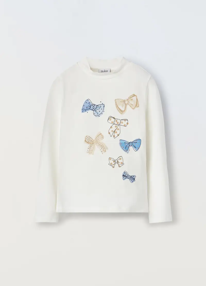 Lupetto In Jersey Stretch Con Glitter E Strass Bambina, Bianco