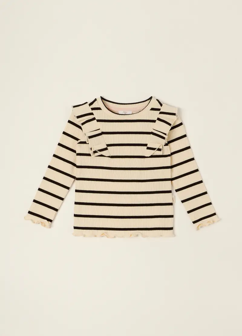 Maglia A Righe Beige A Maniche Lunghe In Cotone Elasticizzato, Neonata, Beige