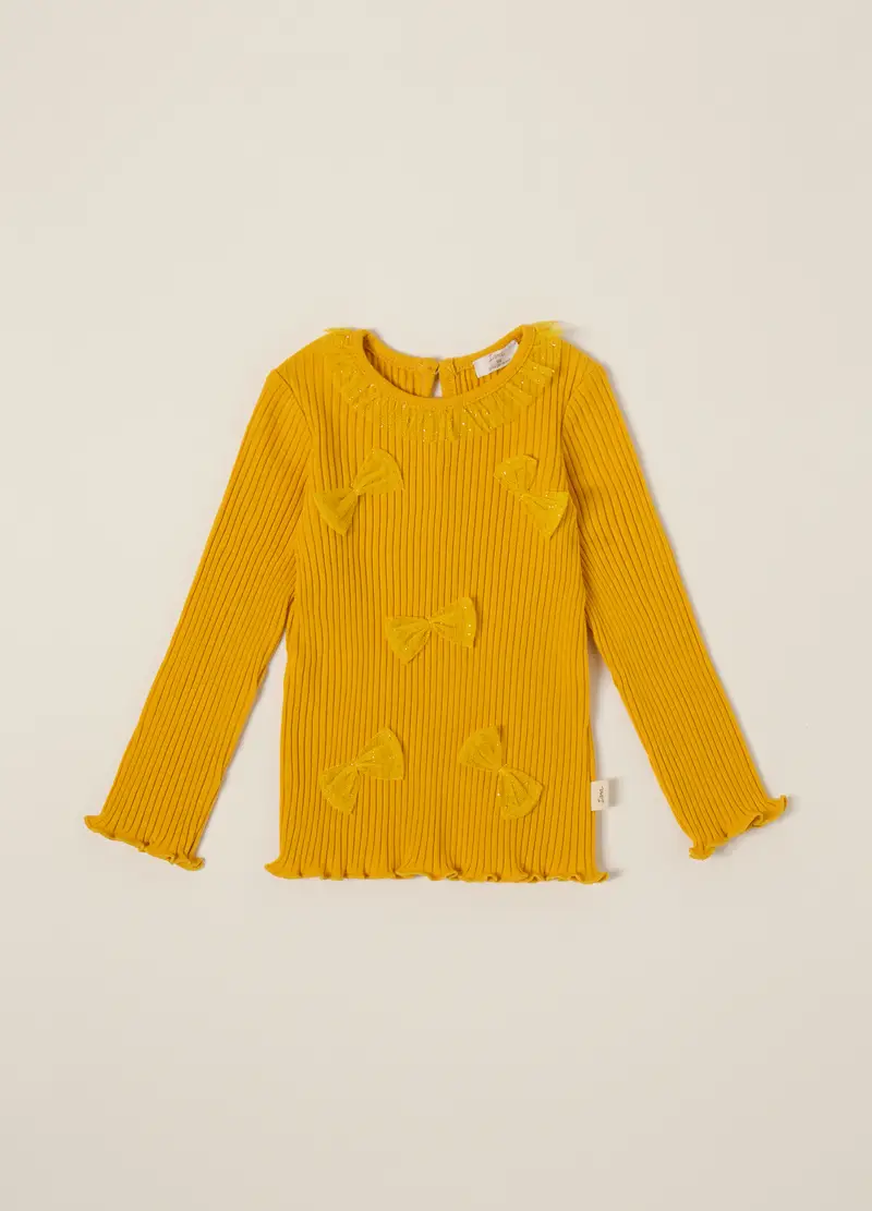 Maglietta A Maniche Lunghe Gialla In Cotone Elasticizzato, Neonata, Giallo acido