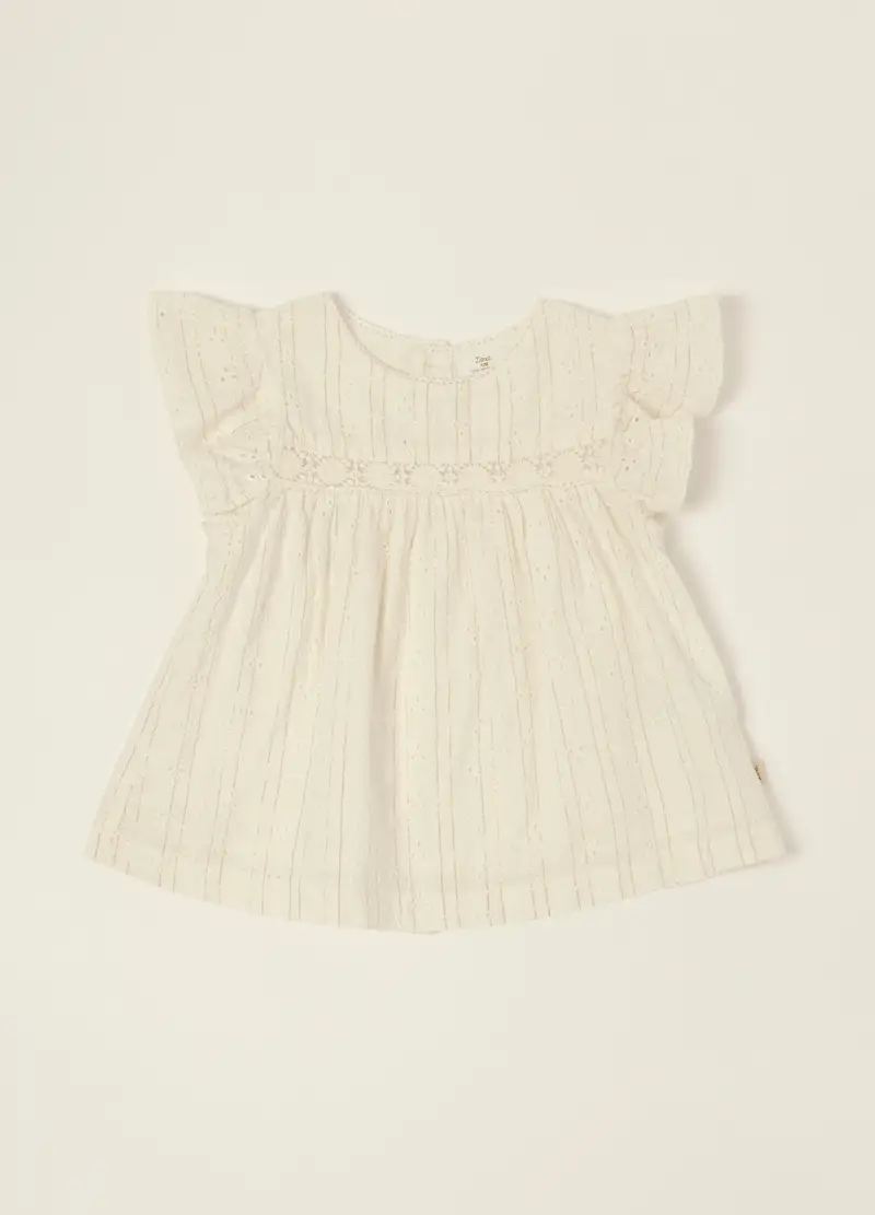 Maglietta Bianca In Misto Cotone Con Maniche Corte, Neonata, Beige