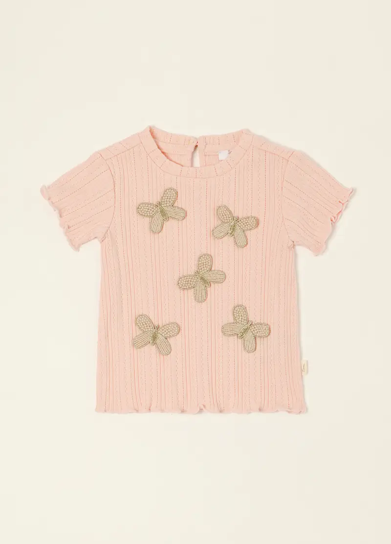 Maglietta Rosa A Maniche Corte In Misto Cotone Con Applicazioni, Neonata, Rosa
