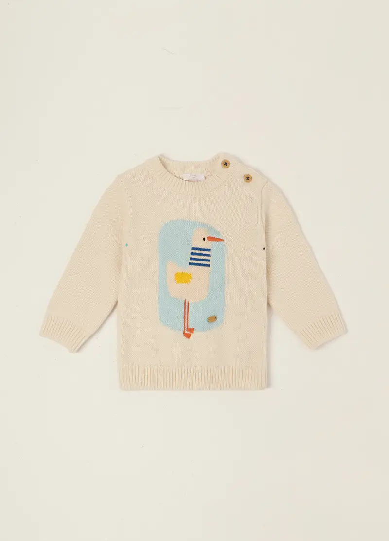 Maglione Beige In Puro Cotone Con Stampa Animale, Neonato, Bianco
