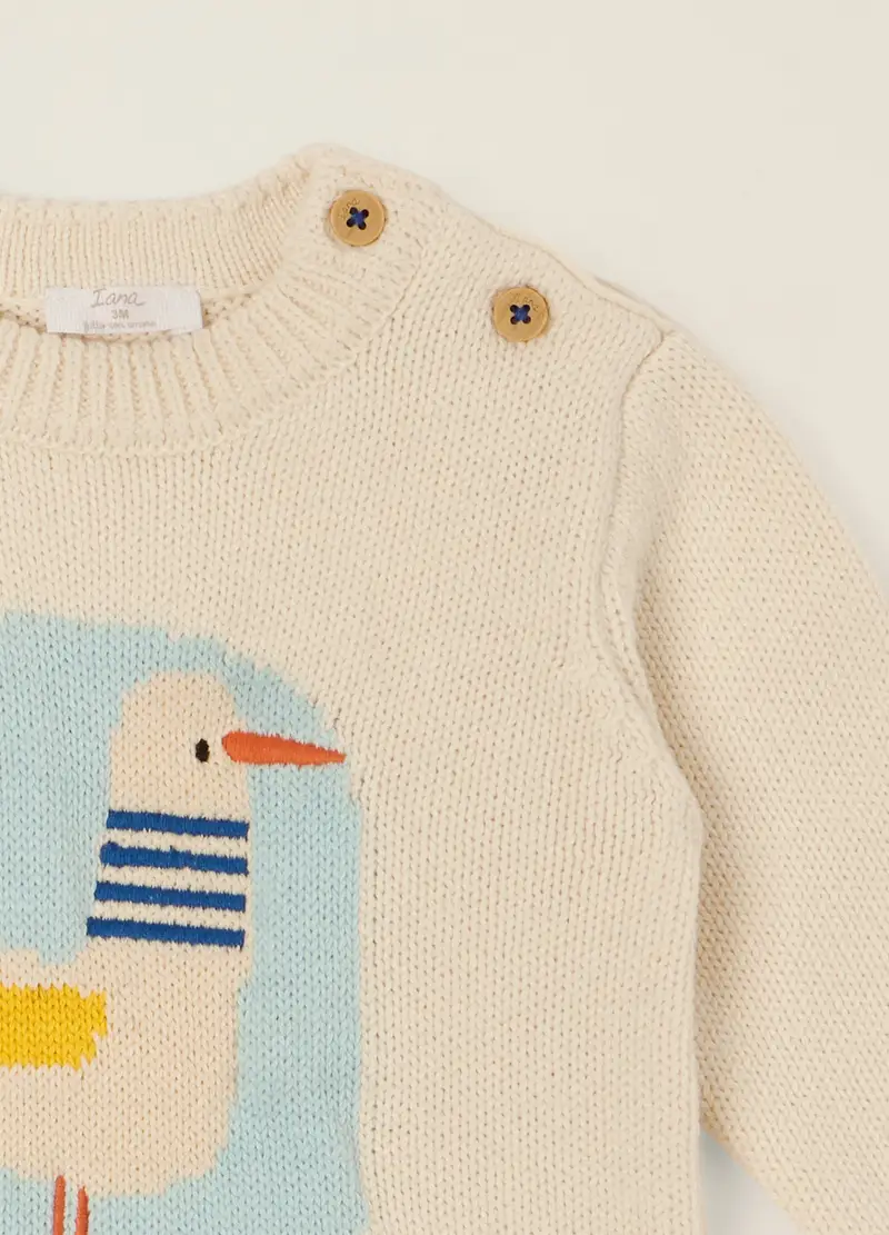 Maglione Beige In Puro Cotone Con Stampa Animale, Neonato, Bianco miniatura 3