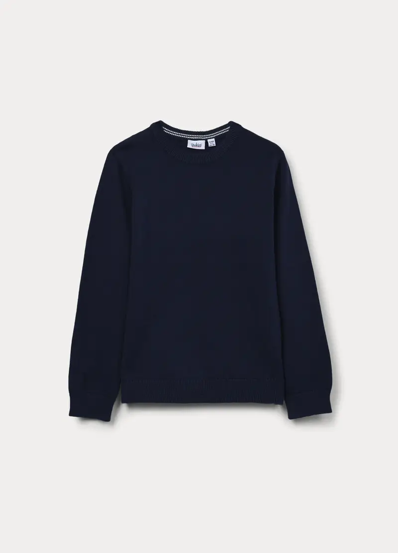 Maglione Girocollo Tricot In Puro Cotone Bambino, Blu scuro