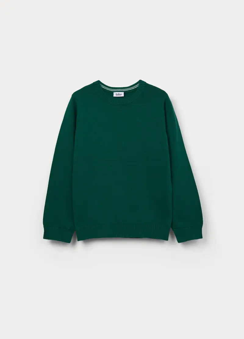 Maglione Girocollo Tricot In Puro Cotone Bambino, Verde scuro